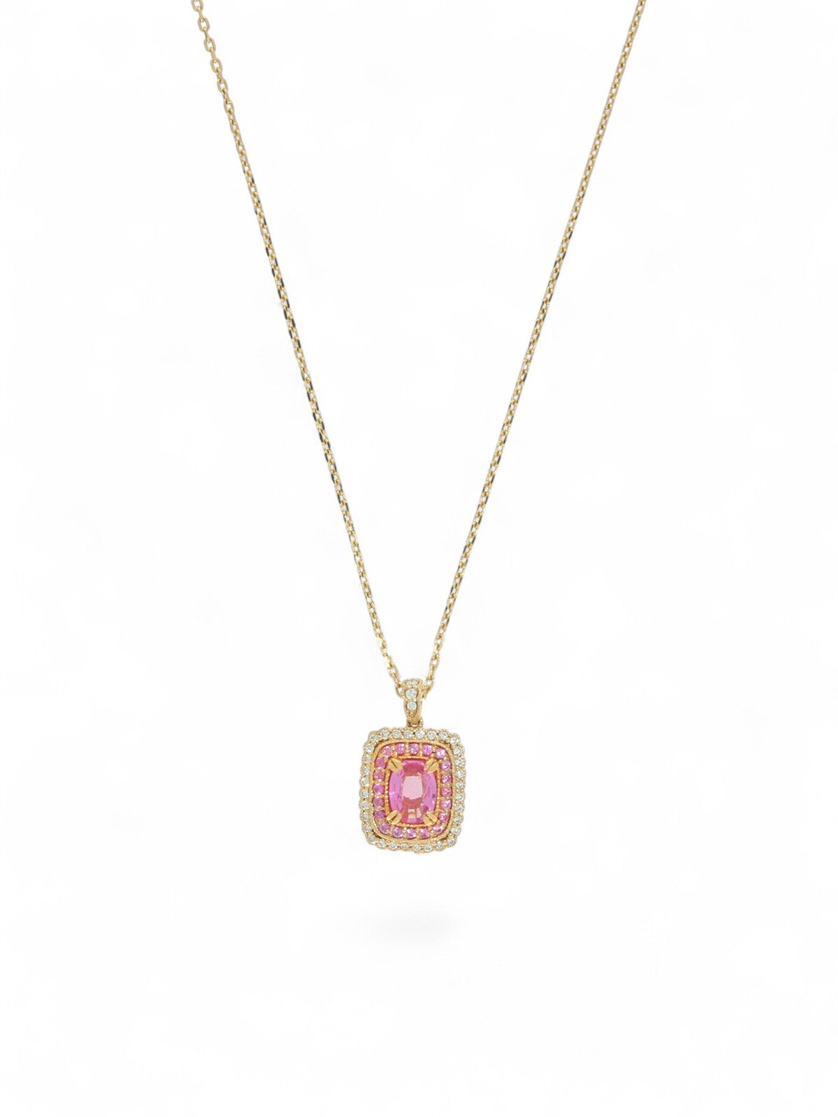Pink Sapphire & Diamond Oval Cut Halo Fancy Rectangular Pendant Necklace in 18ct Rose Gold