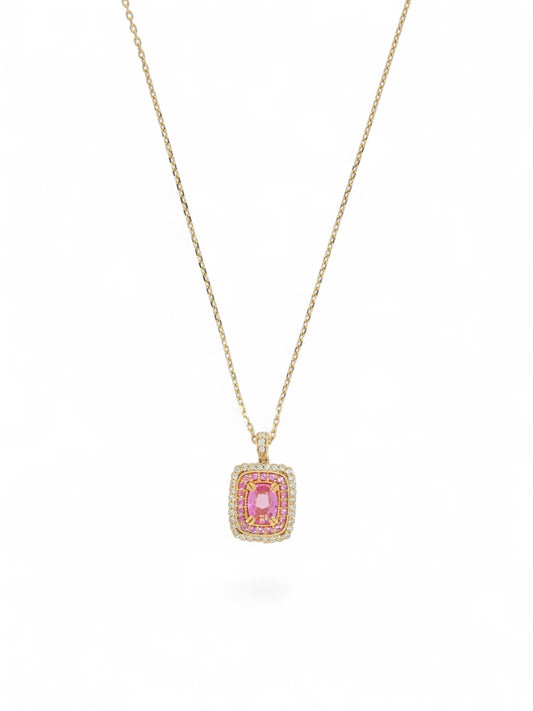 Pink Sapphire & Diamond Oval Cut Halo Fancy Rectangular Pendant Necklace in 18ct Rose Gold