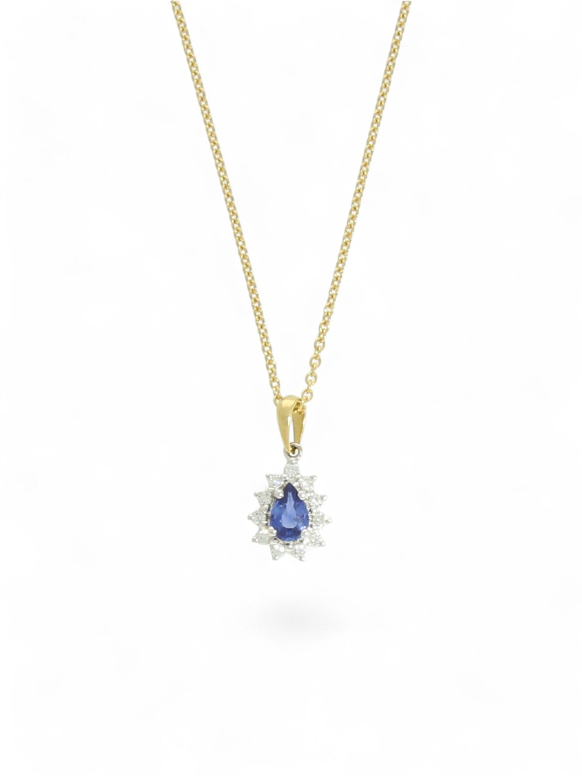 Sapphire & Diamond Pear Cut Cluster Pendant in 18ct Yellow & White Gold