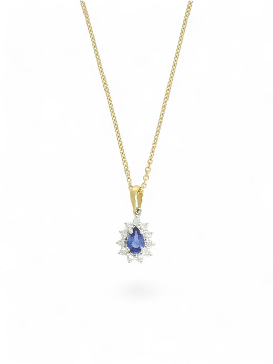 Sapphire & Diamond Pear Cut Cluster Pendant in 18ct Yellow & White Gold