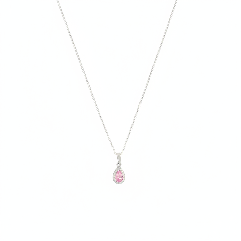 Pink Sapphire & Diamond Cluster Pendant with 0.31ct Pear Cut Pink Sapphire & 0.04ct Round Brilliant Diamond Halo in 18ct White Gold