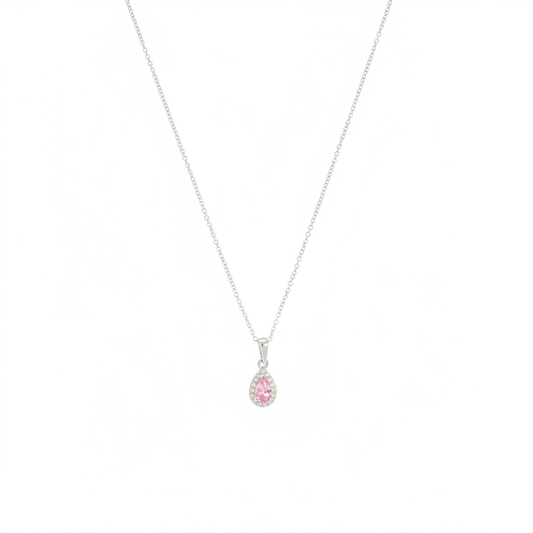 Pink Sapphire & Diamond Cluster Pendant with 0.31ct Pear Cut Pink Sapphire & 0.04ct Round Brilliant Diamond Halo in 18ct White Gold