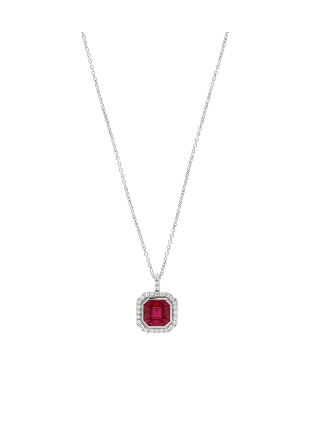 Ruby & Diamond Cluster Pendant with 1.45ct Octagonal Ruby & 0.31ct of Diamonds in 18ct White Gold