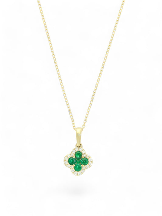 Emerald & Diamond Flower Halo Pendant Necklace in 18ct Yellow Gold