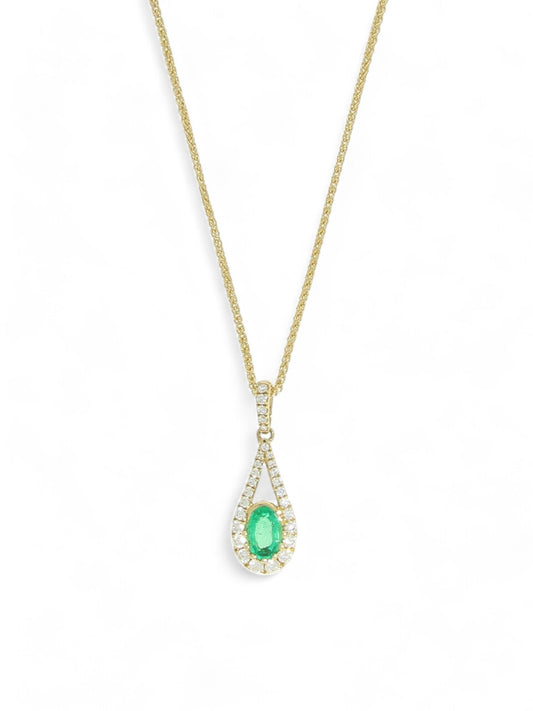 Emerald & Diamond Open Pear Pendant Necklace in 18ct Yellow Gold