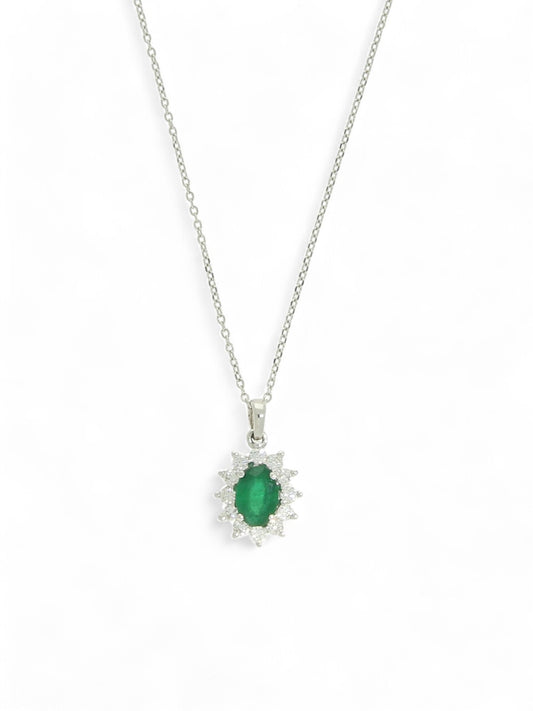 Emerald & Diamond Oval Cluster Pendant Necklace in 18ct White Gold