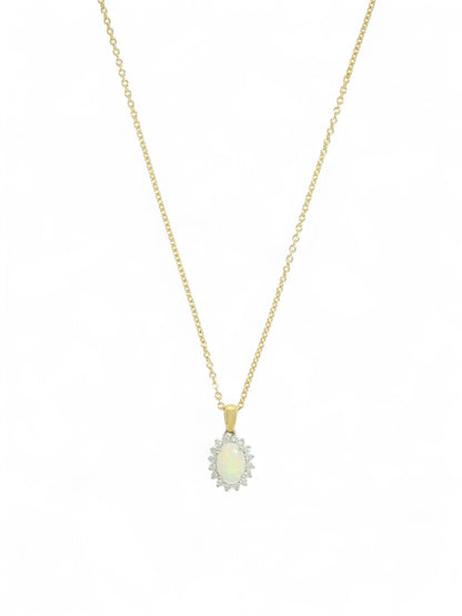 Opal & Diamond Cluster Pendant Necklace in 18ct Yellow & White Gold