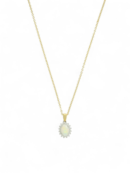 Opal & Diamond Cluster Pendant Necklace in 18ct Yellow & White Gold
