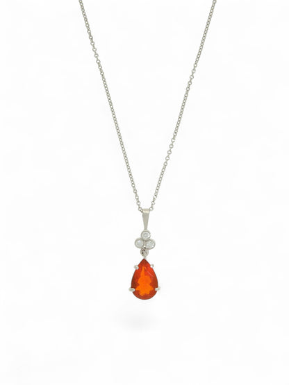 Fire Opal & Diamond Drop Pendant Necklace in 18ct White Gold