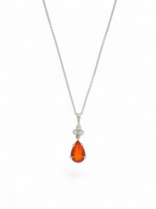 Fire Opal & Diamond Drop Pendant Necklace in 18ct White Gold