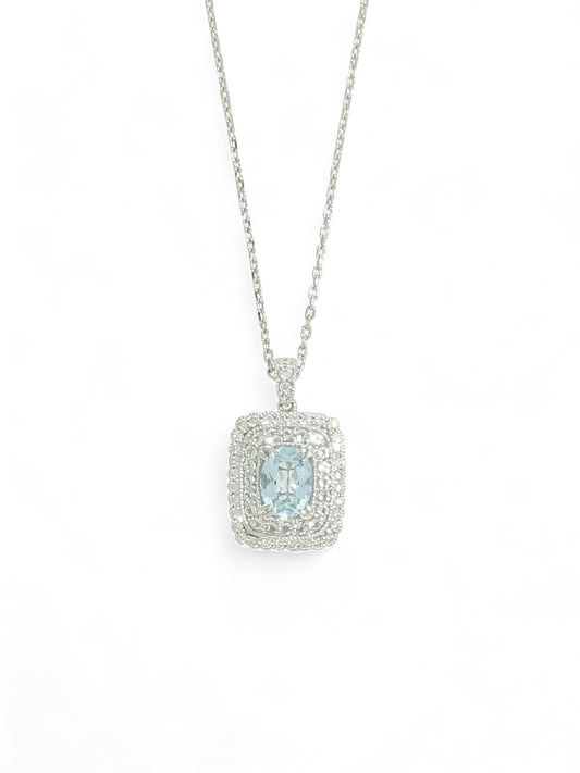 Aquamarine & Diamond Oval Cut Halo Fancy Rectangular Pendant Necklace in 18ct White Gold