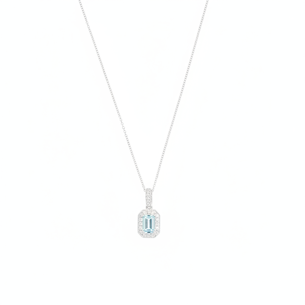 Aquamarine & Diamond Cluster Pendant with 0.45ct Emerald Cut Aquamarine and 0.15ct Diamond Halo in 18ct White Gold