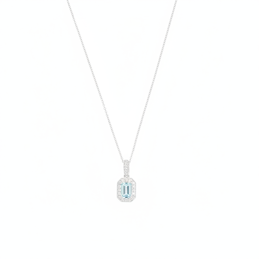Aquamarine & Diamond Cluster Pendant with 0.45ct Emerald Cut Aquamarine and 0.15ct Diamond Halo in 18ct White Gold