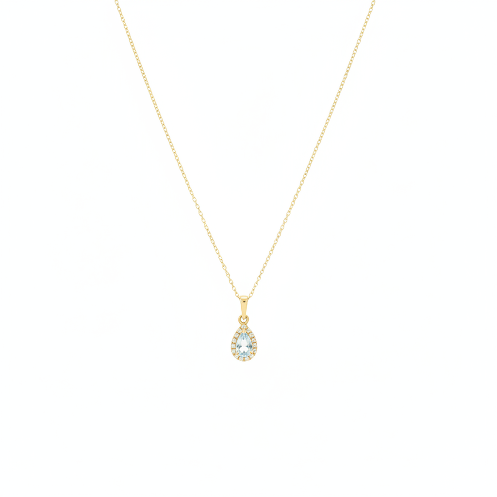 Aquamarine & Diamond Cluster Pendant with 0.19ct Pear Cut Aquamarine and 0.04ct Diamond Halo in 18ct Yellow Gold