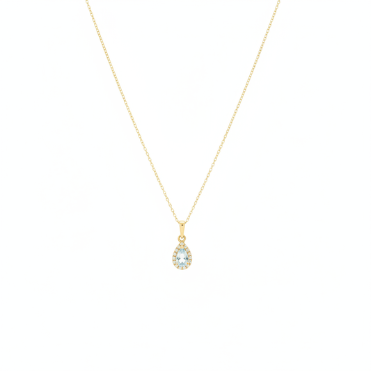 Aquamarine & Diamond Cluster Pendant with 0.19ct Pear Cut Aquamarine and 0.04ct Diamond Halo in 18ct Yellow Gold