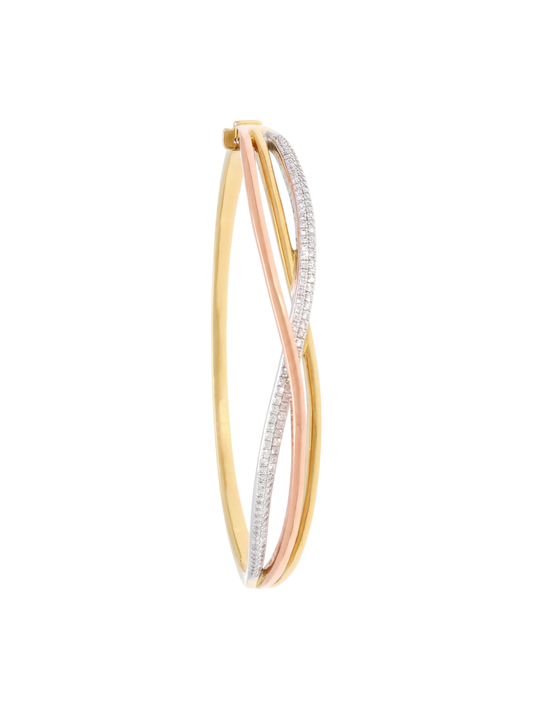 Diamond Twist Bangle with 0.69ct of Round Brilliant Diamonds in 18ct Yellow, White & Rose Gold