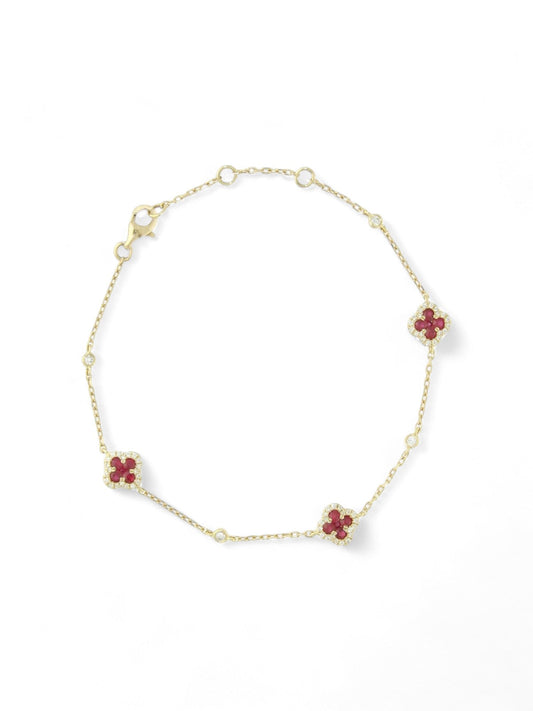 Ruby & Diamond Three Flower Halo Bracelet in 18ct Yellow Gold