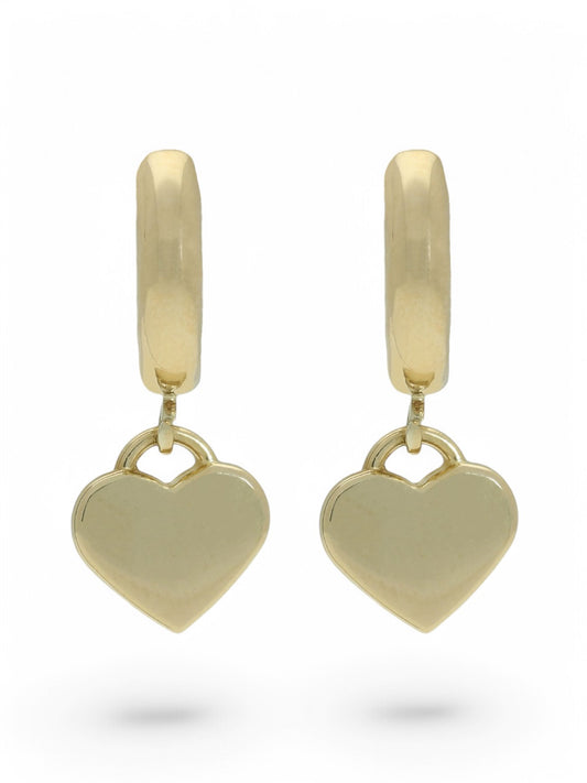 Polished Huggie Hoop Earrings with Heart Drop in 9ct Yellow Gold