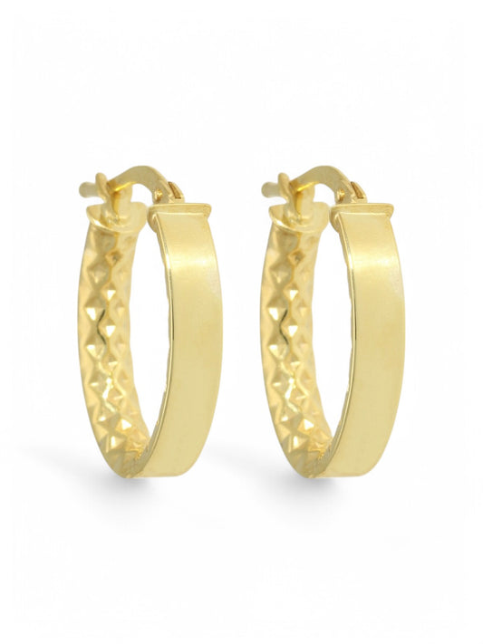 9ct Yellow Gold Oval Hoop Earrings 13x15mm with Polished & Patterned Finish