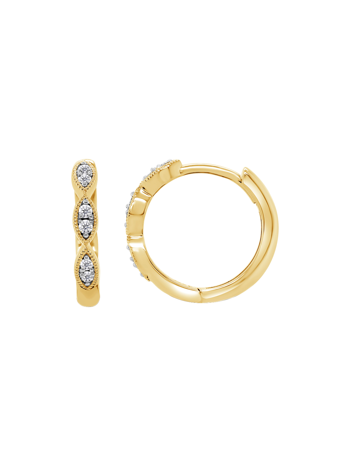 Yellow gold hoop earrings with a diamond-set marquise design on a white background.