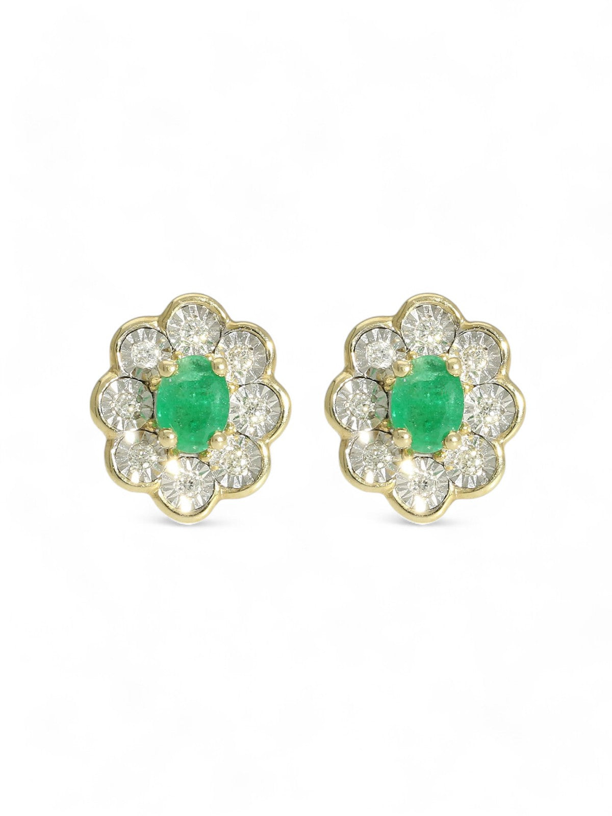 Emerald & Diamond Oval Flower Stud Earrings in 9ct Yellow Gold