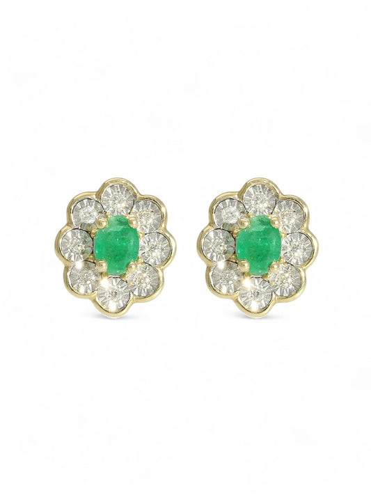 Emerald & Diamond Oval Flower Stud Earrings in 9ct Yellow Gold