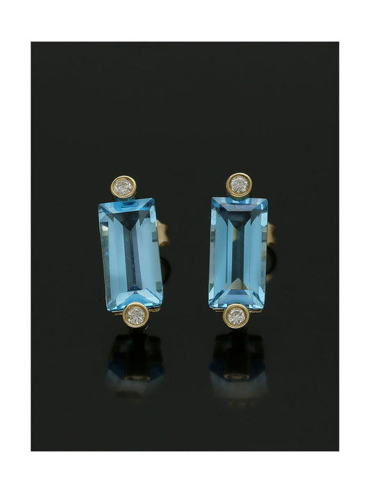 Diamond & Blue Topaz Baguette Stud Earrings in 9ct Yellow Gold