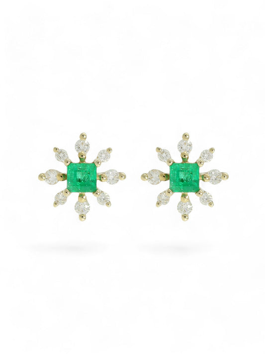 Emerald & Diamond Snowflake Stud Earrings in 9ct Yellow Gold