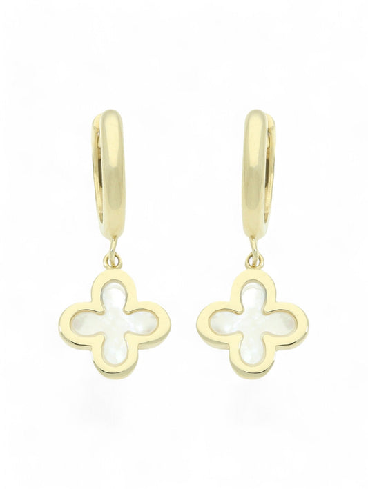 Mother of Pearl Flower Motif Drop Earrings in 9ct Yellow Gold