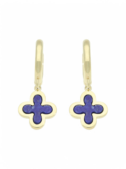 Lapis Flower Motif Drop Earrings in 9ct Yellow Gold
