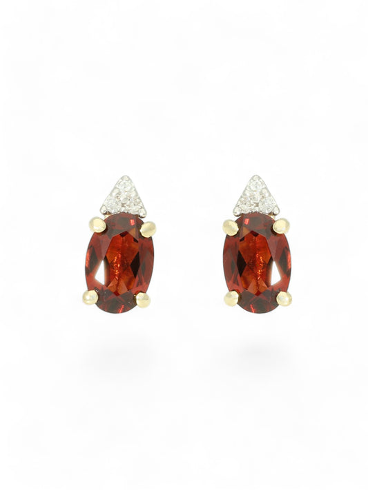 Garnet & Diamond Oval Stud Earrings in 9ct Yellow Gold