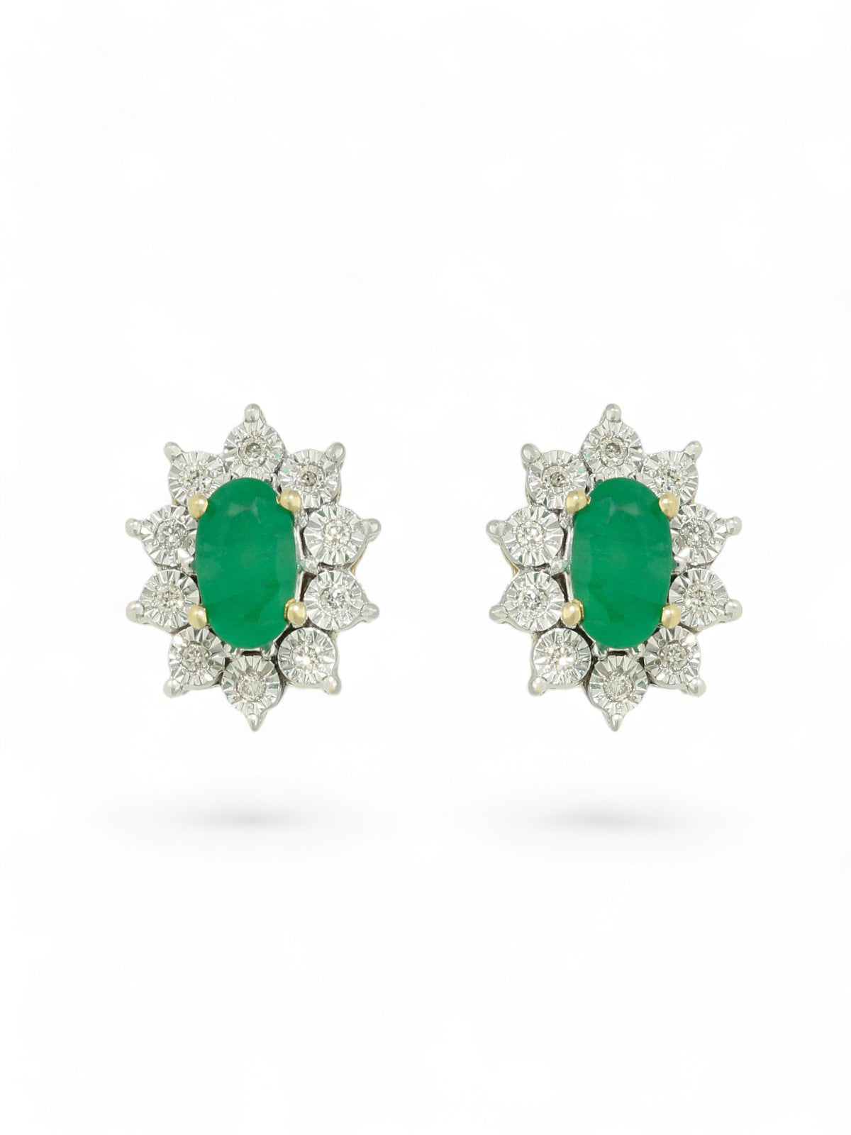 Emerald & Diamond Oval Cluster Stud Earrings in 9ct Yellow Gold