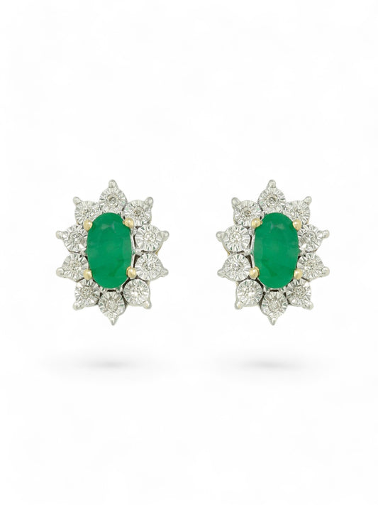 Emerald & Diamond Oval Cluster Stud Earrings in 9ct Yellow Gold
