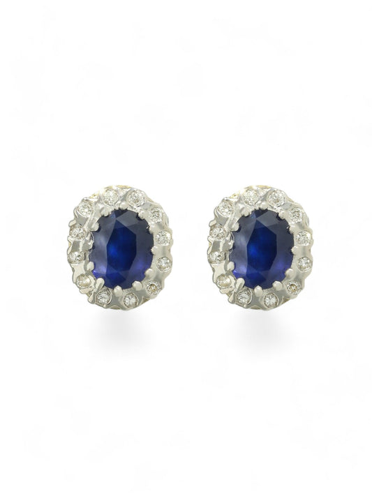 Sapphire & Diamond Oval Cluster Stud Earrings in 9ct Yellow & White Gold