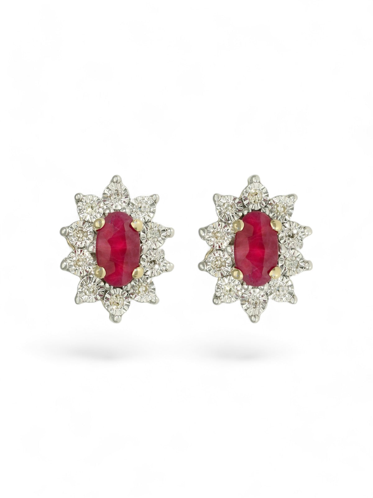  Ruby & Diamond Flower Cluster Stud Earrings in 9ct Yellow Gold