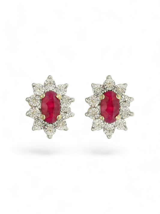  Ruby & Diamond Flower Cluster Stud Earrings in 9ct Yellow Gold