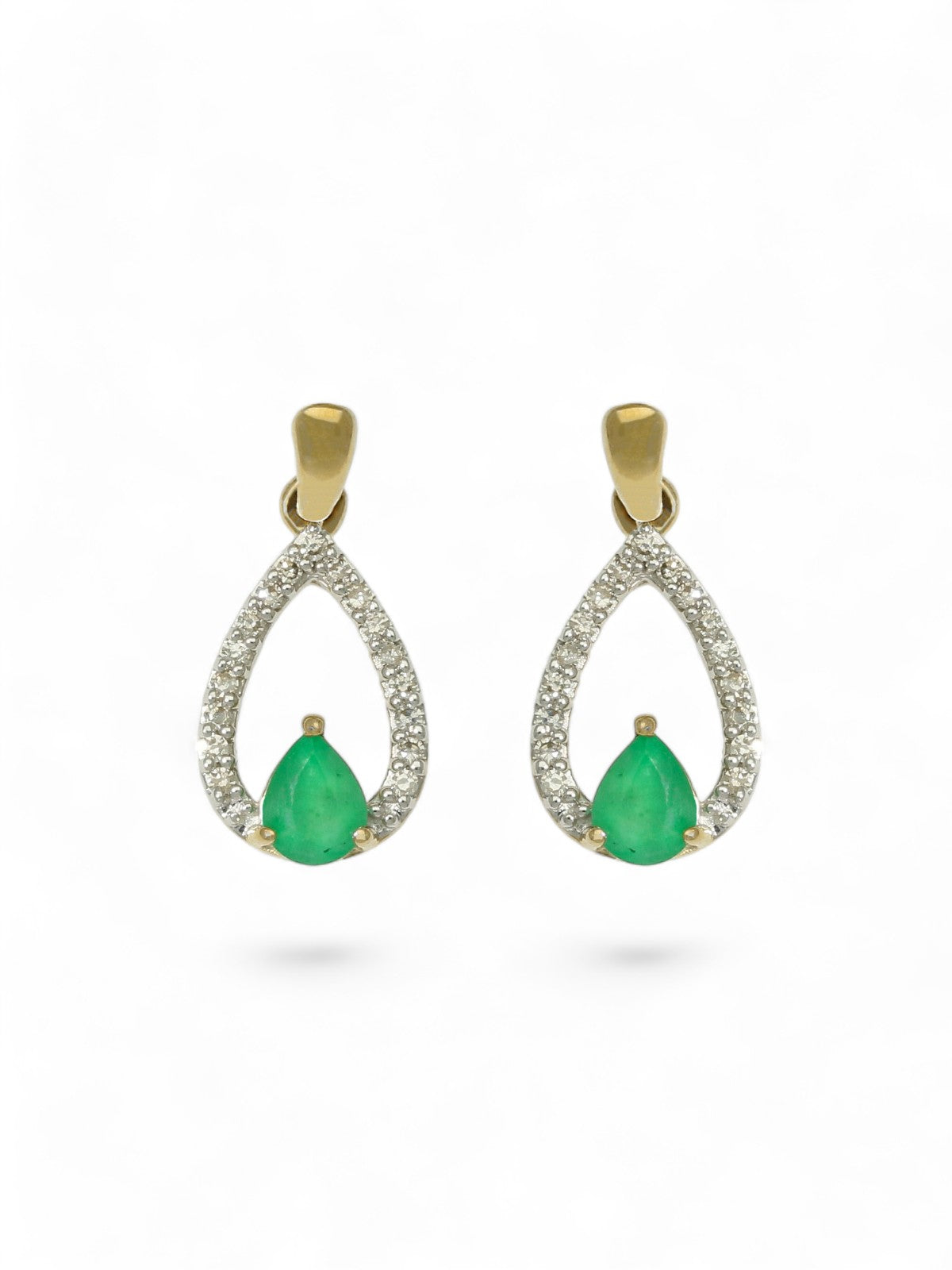 Emerald & Diamond Pear Drop Earrings in 9ct Yellow Gold