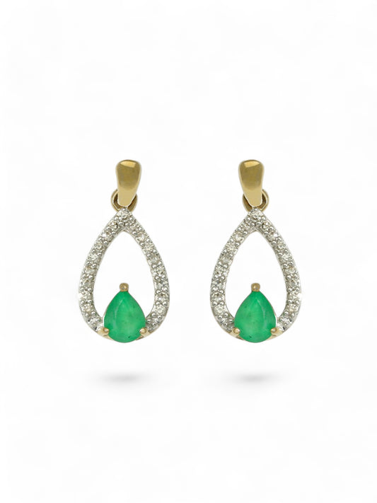 Emerald & Diamond Pear Drop Earrings in 9ct Yellow Gold