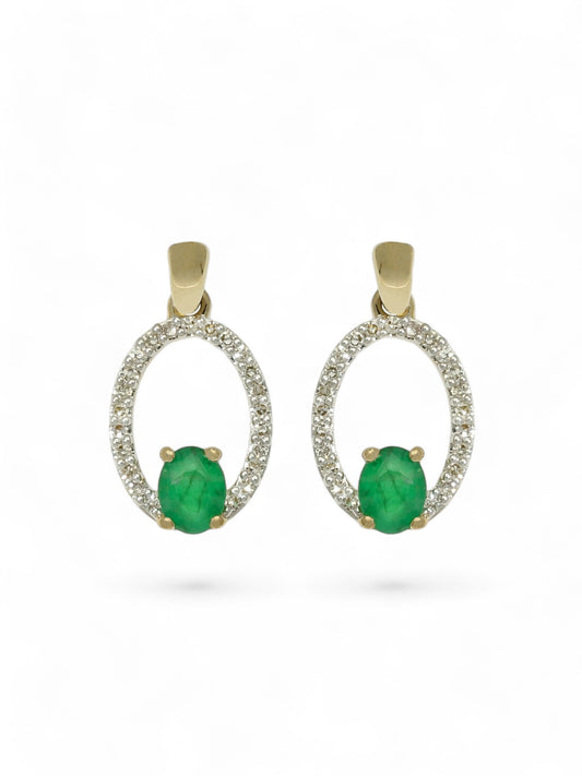 Emerald & Diamond Oval Drop Earrings in 9ct Yellow Gold