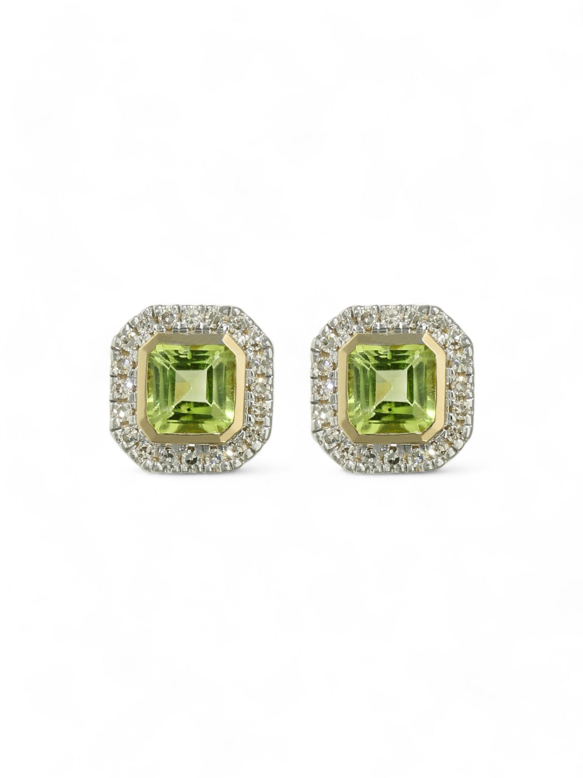 Peridot & Diamond Cushion Stud Earrings in 9ct Yellow Gold
