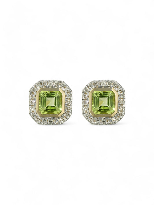 Peridot & Diamond Cushion Stud Earrings in 9ct Yellow Gold