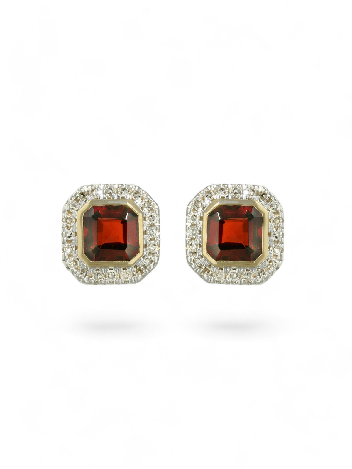 Garnet & Diamond Cushion Stud Earrings in 9ct Yellow Gold