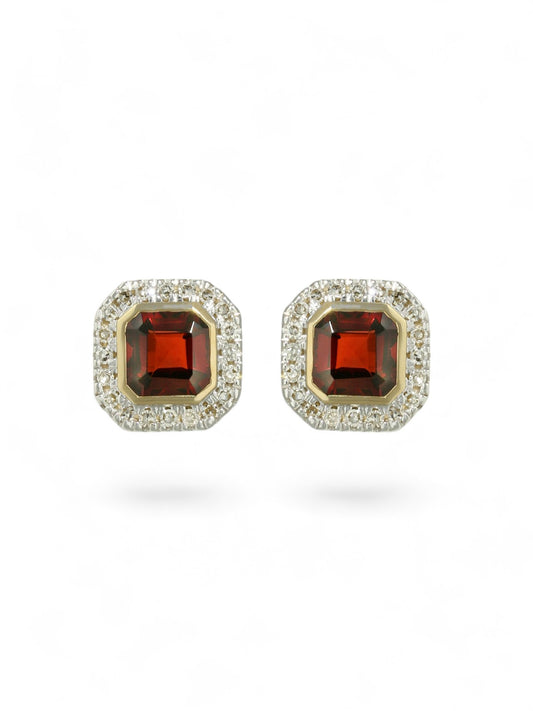 Garnet & Diamond Cushion Stud Earrings in 9ct Yellow Gold