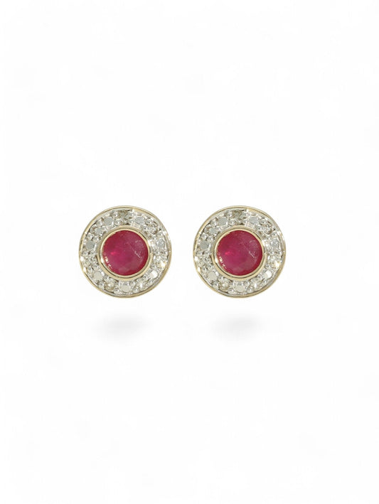 Ruby & Diamond Round Halo Stud Earrings in 9ct Yellow & White Gold