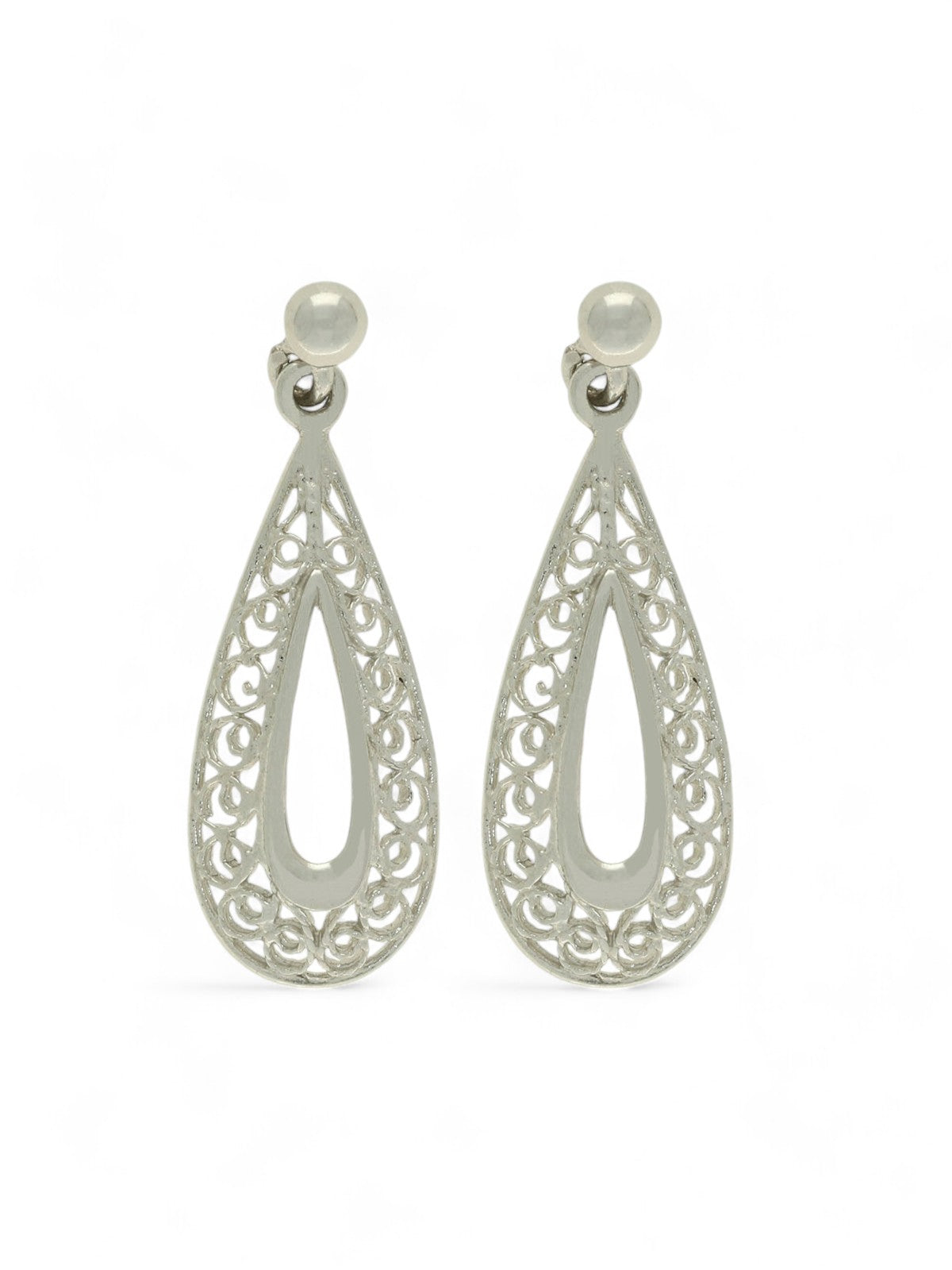 Open Filigree Pear Shaped Drop Earrings in 9ct White Gold