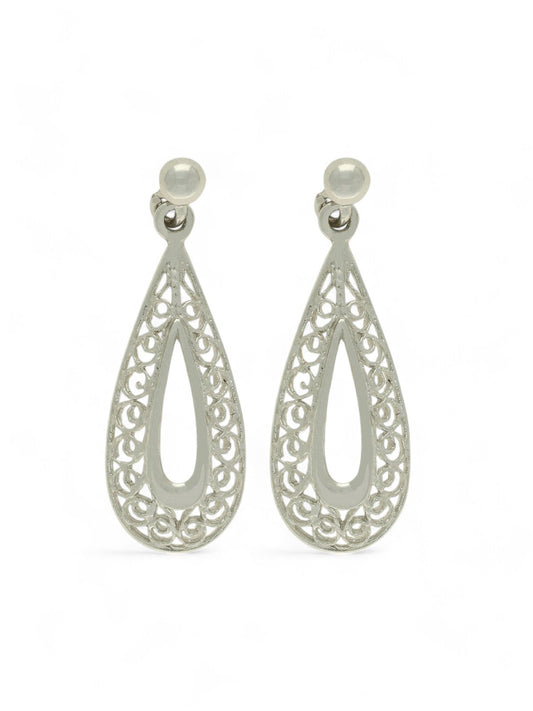 Open Filigree Pear Shaped Drop Earrings in 9ct White Gold