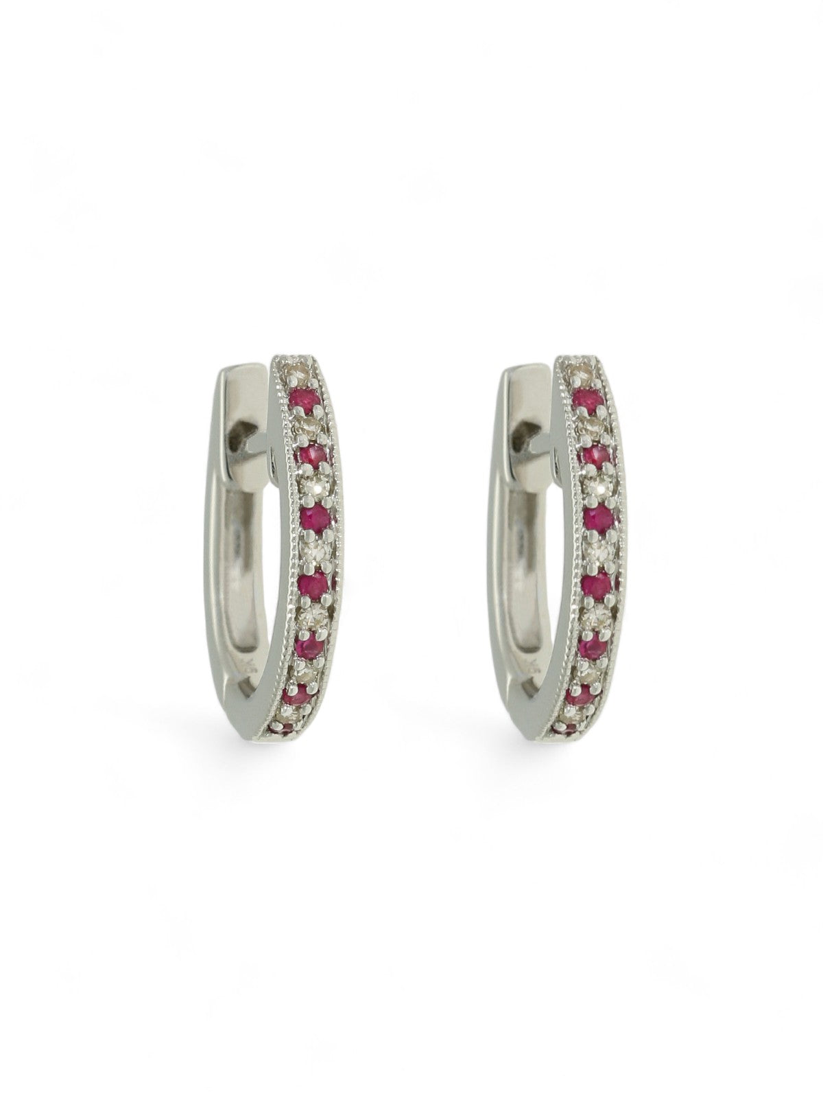 Ruby & Diamond Huggie Hoop Earrings in 9ct White Gold