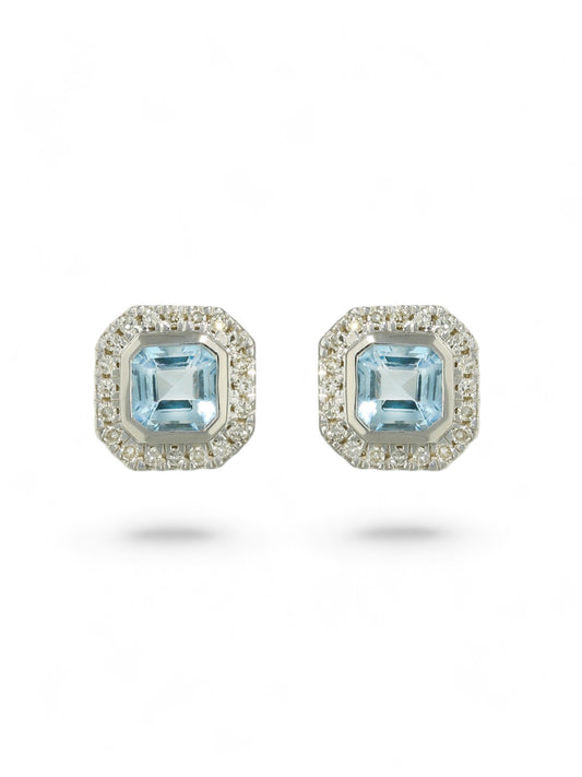 Blue Topaz & Diamond Cushion Stud Earrings in 9ct White Gold