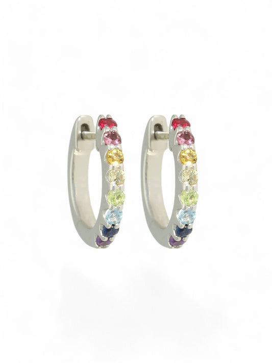 Multi Stone Rainbow Half Set Hoop Earrings in 9ct White Gold
