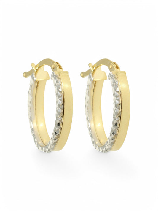 9ct Yellow & White Gold Oval Hoop Earrings 12x18mm with Polished & Patterned Finish